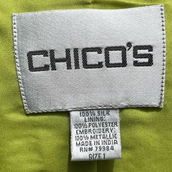 🌻Chicos Green Silk Silver Metallic Sequins Embroidered Open Front Jacket Blazer - Picture 7 of 8